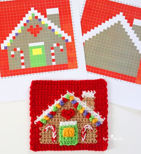 Christmas Crochet Squares, Gingerbread House Crochet, Crochet Gingerbread House, Alpha Crochet, Haunted Halloween House, House Crochet, Crochet Gingerbread, Gingerbread House Patterns, Repeat Crafter Me