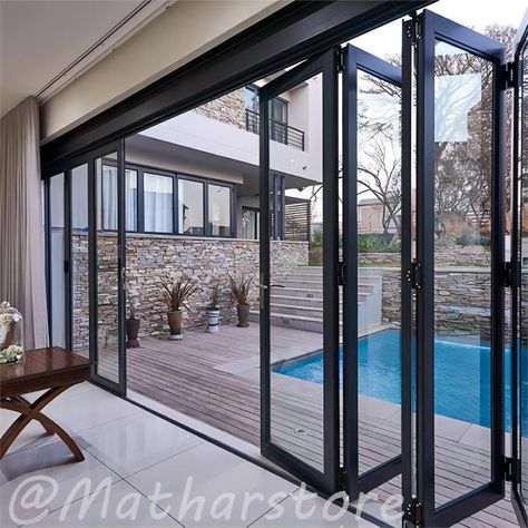 Double Glazed Folding Doors Custom Order Door for House - Etsy Patio Folding Doors, Folding Glass Patio Doors, Folding Door Hardware, French Front Doors, Aluminum Doors, Wooden Kitchen Cabinets, Glass Doors Patio, Interior Exterior Doors, Rustic Exterior