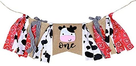 PRICES MAY VARY. Burlap QUALITY FARM ONE BANNER - Burlap, felt, twine, fabric, all the banner are made from quality material. Cute cow printing, bright colored rag tie garland, this sweet high chair banner can also be used as a photo session prop! PERFECT SIZE - Center "cow" flag measures approx. 7 X 7.4 inches and rag ties measures 9.4 inch long, extra twine on each end for hanging measures approx. 19 inch. This farm highchair banner will be a great addition to your 1st birthday party decoratio Cow 1st Birthday Party, Cow 1st Birthday, Cow Birthday Parties, Rodeo Party, Farm Themed Birthday Party, Boy Birthday Decorations, Birthday Highchair, Rodeo Birthday, Cow Birthday