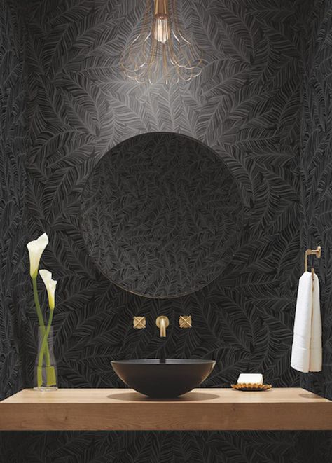 Moody Powder Room, Black Powder Room, Rainforest Canopy, Powder Room Wallpaper, Dark Bathrooms, Palm Leaves Pattern, Allover Pattern, Design Rules, York Wallcoverings