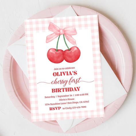 "Cherry 1st Birthday Invitation Template, coquette bow cherry first birthday preppy invites, sweet as cherry pie DIGITAL - PRINTABLE - EDITABLE TEMPLATE 346 💥 DEMO LINK - TRY BEFORE YOU BUY! 💥 Copy and paste this link into your web browser: https://www.corjl.com/d/443NFF This is an editable invitation that YOU personalize and edit through Corjl.com What is CORJL? Our fully customizable template editor that allows you to personalize your invitation directly in your web browser or mobile device (text only). No software to install or fonts to download. 🚫Do not log in with Apple ID, as this will cause problems receiving the files. _ _ _ _ _ _ _ _ _ _ _ _ WHAT YOU GET ✔ 5x7\" Digital template ✔ Final design can be saved as a single JPG, PDF, or a 'Print Multiples PDF' with 2-UP and trim mark Pie Printable, Birthday Preppy, 1st Birthday Invitation Template, 1st Birthday Invitation, Birthday Invitation Template, Mailing Envelopes, 1st Birthday Invitations, Coquette Bow, Cherry Pie