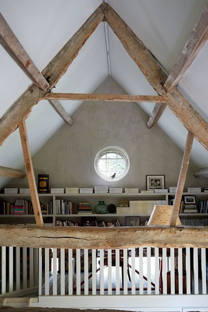 Barn Conversion Interiors, Shed Conversion, Mezzanine Bedroom, Home Library Rooms, Hand Hewn Beams, Barn Conversions, Roof Beam, Converted Barn, Barn Renovation