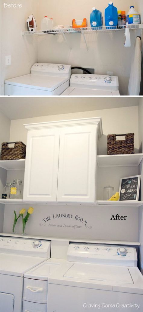 Budget Laundry Room Makeover, Laundry Room Storage Shelves, Small Laundry Room Organization, Room Storage Diy, Basement Laundry Room, Basement Laundry, Laundry Room Renovation, Laundry Room Shelves, Farmhouse Laundry Room