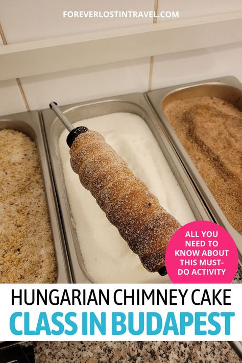 You'll never go hungry in Hungary with all this delicious food. Take a short (but fun) cooking class and learn how to make one of the nation's most beloved desserts - the Chimney Cake. This short class is perfect for those on a tight schedule or with only a weekend city getaway planned. Hands on experience and a family recipe to take home Hungarian Chimney Cake Recipe, Chimney Cake Recipe, Epic Kitchen, Chimney Cakes, Chimney Cake, Crepes And Waffles, Hungary Travel, Cake Classes, Cake Making