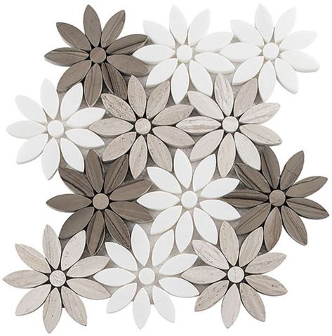 Bouquette Series from Glazzio Tile. Love it? Visit our showroom to see it in person or visit our website to start your remodel today! https://buildersflooringanddesign.com/ Pebble Crafts, Tile Bathrooms, Natural Stone Mosaic, Shower Wall Tile, Hospital Interior, Stone Mosaic Tile, Flower Tile, Mosaic Wall Tiles, Bathroom Goals