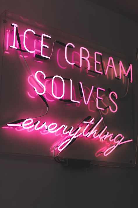 #quotes #foodquotes #icecream #pink #pinksign Ice Cream Solves Everything, Ice Cream Aesthetic Quotes, Ice Cream Pictures, Kristina Webb, Beautiful Sayings, Neon Quotes, Neon Words, Smart Tiles, No Bad Days