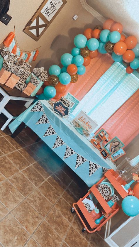 Preppy Western Birthday Party, Teal Cowgirl Birthday Party, Teal And Cow Print Birthday, Cow Print And Teal Birthday Party, Teal Western Birthday Party Ideas, Turquoise And Cow Print Party, Sweet 16 Western Party Ideas, Western Theme Sweet 16 Party, Cow Print And Turquoise Birthday