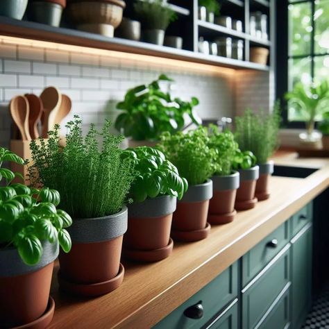 17 Gorgeous Kitchen Plant Decor Ideas You'll Be Obsessed With Kitchen Window Plants Ideas Indoor Herbs, Herbs Growing In Kitchen, Best Plants For Kitchen Window, Kitchen Grow Lights Indoor Herbs, Decorative Grow Lights For Houseplants, Kitchen Plants Decor, Kitchen Chores, Wall Mounted Planters, Hanging Herbs