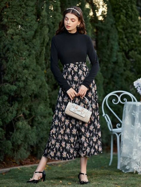 Black High Neck Top, Printed Long Skirt, High Neck Top, Lady Dior Bag, Two Piece Outfit, Skirt Outfits, Long Skirt, Floral Skirt, Mock Neck