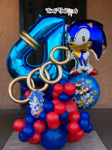 Sonic And Spiderman Party, Sonic Birthday Photoshoot, Sonic Birthday Theme Party Ideas, Sonic The Hedgehog Balloon Garland, Sonic The Hedgehog Balloon Arch, Sonic Birthday Decor, Sonic Balloon Bouquet, Sonic Balloon Decor, Sonic Balloon Garland