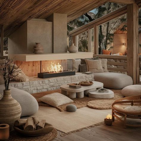 Japanese Fireplace, Japanese Scandinavian, Japandi Style, Indoor Fireplace, Cozy Fall, Neutral Tones, Natural Texture, Minimalist Design, Essence