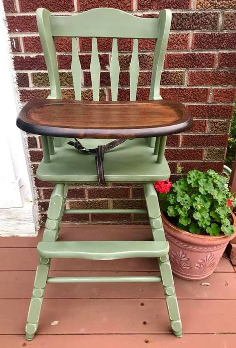 Dad's restored highchair for daughter's babydoll. Painted, distressed, and stained. Painted Wooden High Chair, Wooden Highchair Makeover, Wooden High Chair Makeover, Painted High Chairs Vintage, Old Wooden Highchair Ideas, Wooden Chair Makeover, Painted High Chairs, Wooden Baby High Chair, Painting Chairs