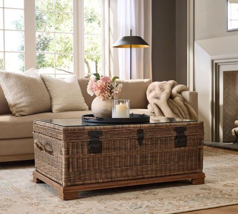 woven-rattan-trunk Wicker Trunk Coffee Table, Wicker Coffee Table Living Room, Table In Front Of Window Living Room, Living Room Coffee Table Decor, Metal Coffee Tables, Wood Coffee Table With Storage, Rattan Furniture Living Room, Coffee Table Pottery Barn, Coffee Table Small Space