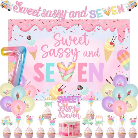 PRICES MAY VARY. What you will receive: 1*3.28*4.92 ft SWEET SASSY AND SEVEN backdrop, 1*SWEET SASSY AND SEVEN banner, 1*SWEET SASSY AND SEVEN cake topper, 12pcs ice cream themed cake topper, 1*32 inches foil balloons printed number 7, 16* 12 inch ice cream printed latex balloons(4yellow, 4purple, 4pink, 4teal). SWEET SASSY AND SEVEN banner garland: The SWEET SASSY AND SEVEN banner is composed of the theme word 'SWEET SASSY AND SEVEN' and seven letter has different glitter colors with cartoon de 7 Is So Sweet Birthday, Sweet Sassy And Seven Birthday, Sweet Table Decorations, Ice Cream Donut, Cream Donut, 7 Birthday, Colorful Ice Cream, Banner Garland, Glitter Colors