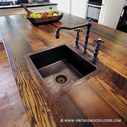 This reclaimed wood counter top gives this kitchen a rustic feel. | vintagewoodfloors.com Reclaimed Wood Counter, Rustic Countertops, Kitchen Counter Top, Outdoor Kitchen Countertops, Wood Counter, Wood Countertops, Kitchen Redo, Bath Remodel, Kitchen Makeover