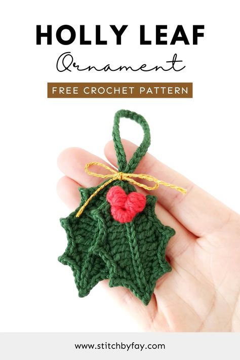 Crochet Holly Leaf Ornament Pattern (Free!) Crochet Christmas Holly Free Pattern, Holly Crochet Pattern Free, Crochet Gift Ornament, Crochet Holly Leaves Free Pattern, Xmas Crochet Ornaments, Easy Quick Crochet Projects Free, Holly Leaves Crochet, Holly Leaf Crochet Pattern Free, Holly Crochet Pattern