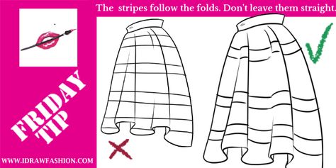 FRIDAY-TIP--how-to-draw-stripes on a skirt How To Draw Stripes On Clothes, How To Draw Pleats, How To Draw Skirt Folds, How To Draw Stripes On Cats, Pleated Skirt Fashion Illustration, I Draw Fashion, Learning Drawing, Draw Fashion, Fashion Sketching