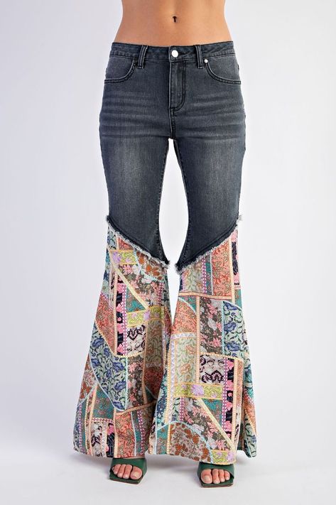 Easel Denim and Mixed Print Bell Bottom Jeans in Black Denim ON ORDER Pants Easel Upcycle Clothing, Upcycling Fashion, Printed Flare Pants, Paisley Bandana, Denim Clothing, Saved Pins, Bottom Jeans, Patchwork Print, Bell Bottom Pants