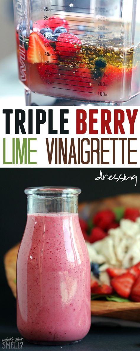 Triple Berry Lime Vinaigrette Dressing - fresh strawberries, raspberries & blueberries combine with a touch of lime in this sweet yet tart vinaigrette dressing. Perfect summer dressing! Lime Vinaigrette Dressing, Crochet Nautical, Raspberry Vinaigrette Dressing, Vinaigrette Dressing Recipe, Bowls Recipes, Basil Vinaigrette, Healthy Sauces, Raspberry Vinaigrette, Lime Vinaigrette