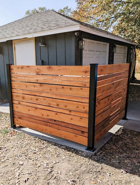 Trash Can Hiding Ideas Outdoor, Side Of House Trash Can Storage, Hide The Trash Can Outside, Hiding Rubbish Bins Outside, Garbage Can Concrete Pad, Garbage Can Privacy Screen, Garbage Can Storage Outdoor Driveway, Trash Fence Ideas, Modern Garbage Can Storage Outdoor