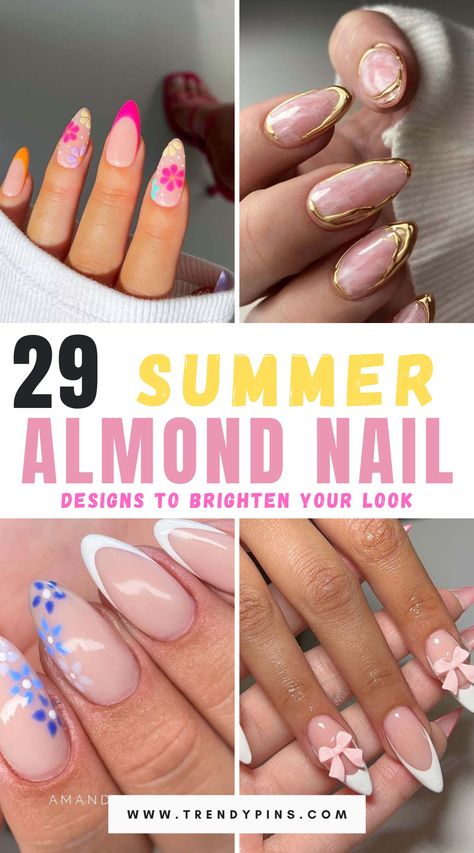 Discover 29 stunning summer almond nail designs to add a touch of brightness to your look. From vibrant colors and floral patterns to glitter accents and ombre effects, these designs are perfect for embracing the sunny season in style. Whether you prefer bold and eye-catching or subtle and sophisticated, these nail designs offer endless inspiration to elevate your summer manicure game. Vacay Almond Nails, Preppy Almond Nails Designs, Almond Nails Colorful Tips, Vacation Nail Ideas Almond, Summer Subtle Nails, Summer Nails 2024 Almond Shape, Natural Nail Designs Almond Shape, Nails For Miami Trip, Elegant Vacation Nails