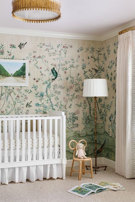 Chinoiserie Wallpaper Baby Girl Nursery with Crib Nursery Design Girl, Whimsical Room, Traditional Nursery, Whimsical Nursery, Baby Room Inspiration, Nursery Room Inspiration, Chinoiserie Wallpaper, Nursery Baby Room, Baby Girl Nursery