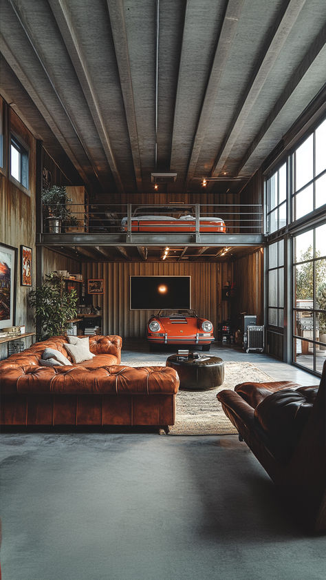 Car enthusiast's dream: shipping container garage with classic cars and a cozy living space. Container Garage Workshop, Shipping Container Garage Workshop, Garage Couch, Container Transformation, Steel Garage Buildings, Shipping Container Garage, Container Garage, Porsche Garage, Loft Garage