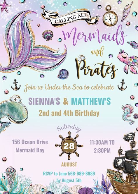 Mermaids and Pirates Joint Birthday Under the Sea Invitation First Birthday Twins, Pirate Birthday Party Invitations, Mermaids And Pirates, Magical Ocean, Sea Invitation, Pirates Birthday Party, Mermaid Pirate Party, Birthday Twins, Birthday Under The Sea