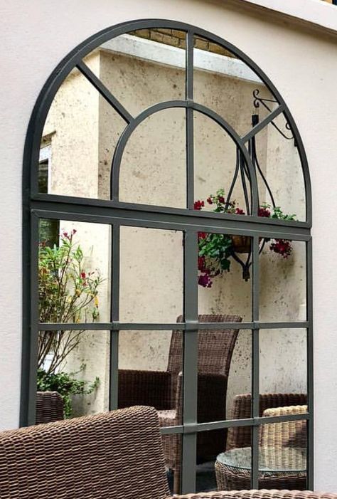 Black Arched Mirror, Black Arch Mirror, Mirror Arch, Mirror Decor Ideas, Painted Mirror, Garden Display, Garden Mirrors, Arched Mirror, Outdoor Mirror