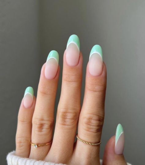 Mint Green French Tip, Mint Green Nail Polish, Green French Tip, Mint Green Nails, Summer Nail Colors, Green Nail Art, Green French, Powder Manicure, French Tip Nail Designs