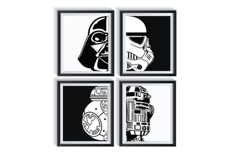 Star Wars Darth Vader Storm Trooper R2D2 BB8 Art Prints UNFRAMED Qty 4 Nursery Bedroom Decor Black and White Nursery, Star Wars Wall Dorm by GraphicallyEverAfter on Etsy Minimalist Star Wars Decor, Star Wars Frame, Darth Vader Bedroom, Diy Star Wars Decor, Star Wars Framed Art, Bb8 Art, Darth Vader Dibujo, Star Wars Bathroom Decor, Bedroom Decor Black And White