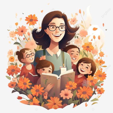 teacher student flower education illustration teacher student teachers day png Teacher With Students Cartoon, Education Related Drawings, Teacher Illustration Cute, Teachers Day Sketch, Teacher Art Illustration, Teacher And Student Illustration, Teachers Day Painting, Teacher And Student Drawing, Teacher Day Design