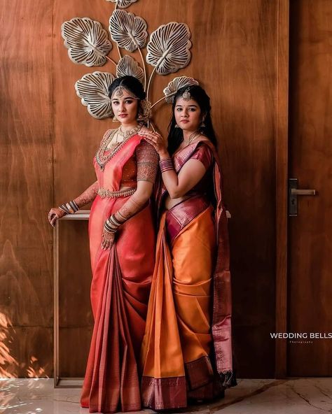 Reception Saree For Bride, Marriage Saree, South Indian Wedding Saree, Brides Sister, Reception Saree, Sisters Photoshoot, Traditional Blouse Designs, Hindu Bride, Saree Poses