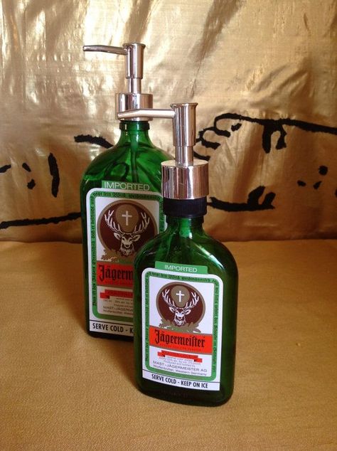 Recycled Bottle Soap Dispenser Set - Jagermeister Small Room Interior, Soap Dispenser Set, Crafts Recycled, Bottle Chandelier, Liquor Bottle Crafts, Square Bottle, Glass Bottles Art, Recycled Bottle, Alcohol Bottles