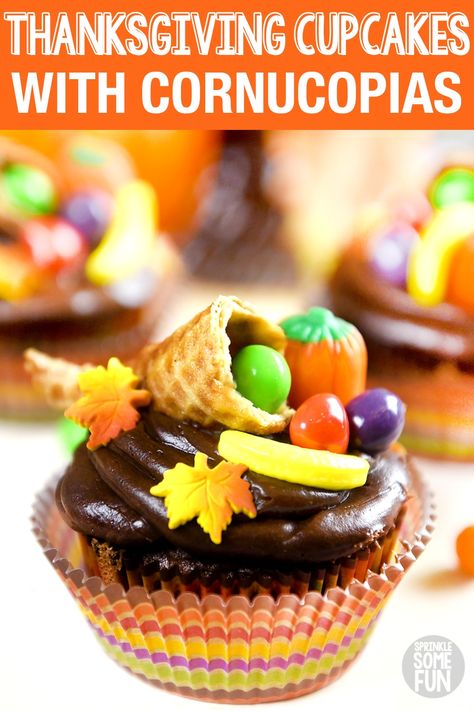 An adorable way to decorate cupcakes for Thanksgiving!  These make the perfect centerpiece for a Thanksgiving dessert table.  Also, they are easy enough that the kids can help make them too. #cupcakes #fall #toppers #Thanksgiving #Thanksgivingcupcakes #Cornucopia #Cornucopiacupcakes #cutecupcakes #fallcupcakes #thanksgivingdecorations #cakedecorating #thanksgivingcupcaketoppers Cupcakes For Thanksgiving, Thanksgiving Cupcake Toppers, Up Cupcakes, Thanksgiving Dessert Table, Thanksgiving Desserts Kids, Turkey Cupcakes, Thanksgiving Cupcakes, Thanksgiving Cornucopia, Thanksgiving Desserts Table