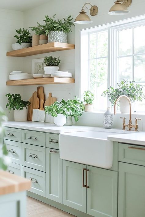 29 Green Kitchen Designs for a Modern and Eco-Friendly Touch 2 Green And White Small Kitchen, Kitchen With Sage Cabinets, White And Light Green Kitchen, Seafoam Green Cabinets Kitchen, Green House Aesthetic Kitchen, Kitchen Inspirations Green Cabinets, Light Green Farmhouse Kitchen, Light Mint Kitchen Cabinets, Mint Green And Wood Kitchen