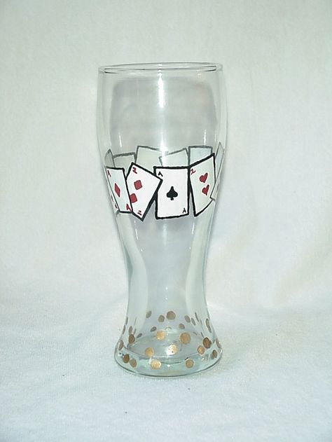 pilsner glasses painted | Playing Cards and Coins Hand Painted Glass, beer glass. $10.00, via ... Beer Glass Painting, Painted Playing Cards, Glass Painting Ideas, Hand Painted Glassware, Wine Painting, Mug Crafts, Painted Glasses, Painting Glassware, Glass Beer