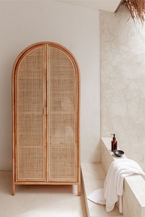 Bathroom Vibes, Rattan Webbing, Bali Interiors, Rattan Bedroom, Rattan Cabinet, Bathrooms Ideas, Natural Decor, Wardrobe Cabinets, Modern Tropical