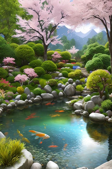 Japanese Garden Cherry Blossom, Japanese Pond Drawing, Japanese Garden Drawing, Japanese Garden Painting, Koi Pond Art, Japanese Pond, Fish In Aquarium, Pond Drawing, Coral Reef Fish