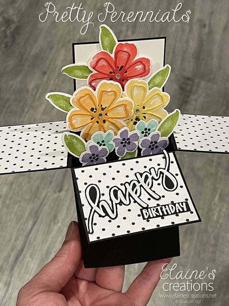 Card In A Box Tutorial, Flower Pop Out Card, Stampin Up 3d Cards, Stampin Up Box Cards, Stampin Up Pop Up Cards, Making A 3d Flower Card, Birthday Box Card Ideas, Popup Cards How To Make, Stampin Up 3d Projects