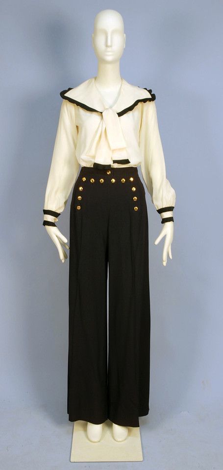 ways to wear sailor pants fashionably 16 Sailor Pants Outfit, 1970 Fashion, Fashion 1970s, Sailor Pants, Tie Collar, Brass Buttons, Sailor Fashion, Vintage Nautical, Fall Front