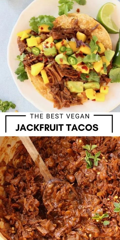 Bbq Jackfruit Tacos, Bbq Jackfruit Recipes, Vegan Barbacoa, Jackfruit Tacos Vegan, Mexican Bbq, Vegan Cookout, Veggie Society, Tacos With Mango Salsa, Vegan Jackfruit