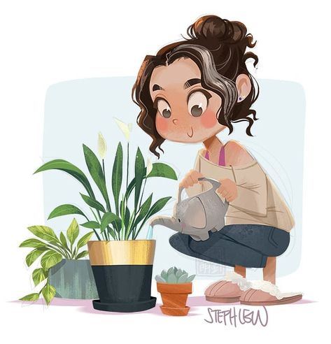 Watering Plants Pose Reference, Watering Plants Drawing, Watering Plants Illustration, Plant Cartoon, Kids Story, Illustration Art Kids, Picture Books Illustration, Cartoon Sketches, Plant Drawing