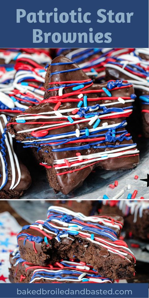 These patriotic star brownies are chocolate dipped and then drizzled with red , white and blue . A super cute dessert for all summer events. via @Baked Broiled and Basted