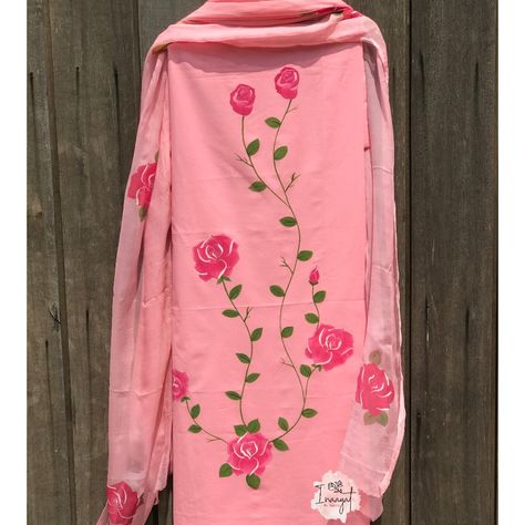 Pink roses handpainted on a light pink cotton suit fabric. Paired with a pure chiffon dupatta. Handpainted Suits, Punjabi Suit Design, Pure Chiffon, Pink Suit, Suit Design, Crochet Home Decor, Punjabi Suit, Embroidery Designs Fashion, Full Dress