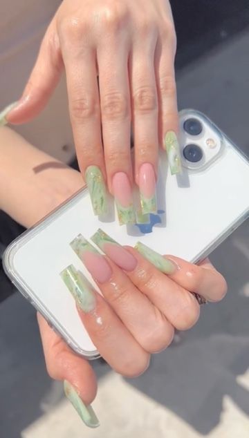 Marbles French Tip Nails, Marbled French Tip Nails, Acrylic Nails Marble French Tip, Green Marble French Tip, Sage Green Marble Nails Acrylic, Light Green Acrylics, Sage Green Butterfly Nails, Green Acrylic Nails With Butterflies, White Green Marble Nails