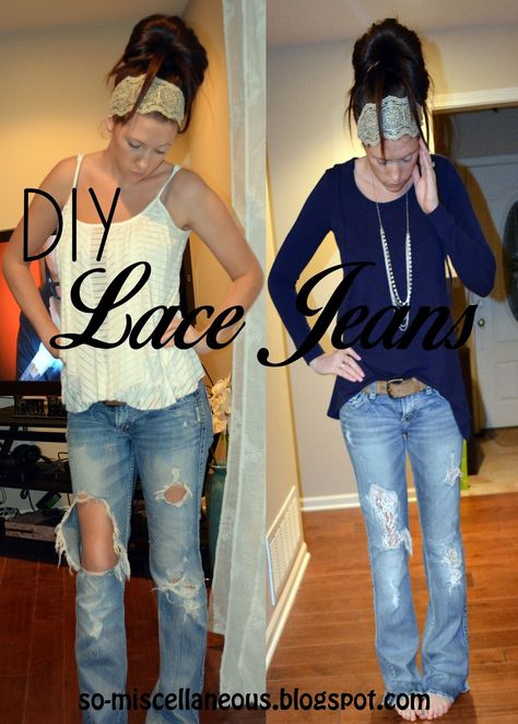 DIY Lace Jeans. Super EASY and FAST. Done in less than 20 min with under $10!! #diy #lace #crafts Diy Lace Jeans, Patched Jeans Diy, Lace Jeans, Diy Jeans, Lace Diy, Lace Crafts, Denim Projects, Hello Lovely, Jeans Diy