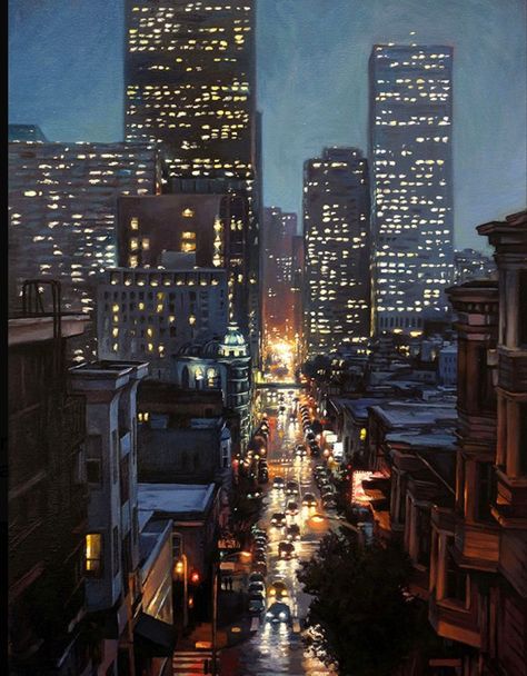 Painting Of City At Night, New York Night Painting, Night Scape Painting, City At Night Art, Rainy Night Painting, Rainy City Painting, City Night Drawing, City Scape Night, City Night Painting