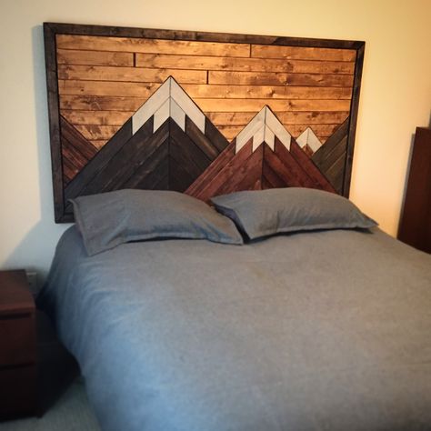 Headboard with Mountains Wood Mountain Headboard, Mountain Headboard Diy, Cabin Headboard Ideas, Mountain Headboard, Headboard Walls, Wooden Handcraft, Backboards For Beds, Wilderness Decor, Surf Artwork