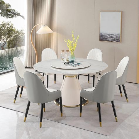 PRICES MAY VARY. 【Dining Table Set For 6】 : The classic and simple dining table will blend seamlessly into your dining area. This 59“ Round kitchen table is designed with simple lines and a elegant textured surface that is comfortable to the touch if more friends are invited to dinner do not worry about crowded seats. 【Comfortable and Ergonomic Design】:The ergonomic chairs have been designed to best adapt to and complement the human body, including considerations of postures, comfort level, and Marble Dining Table Velvet Chairs, White Table Gray Chairs Dining Room, Round Grey And White Purple Dining Room, Marble Dining Table With Grey Chairs, 4 Seater Round Marble Dining Table, Kitchen Table Stuling, Small Glam Dining Table, White Table Grey Chairs Dining Rooms, White Dining Table With Grey Chairs